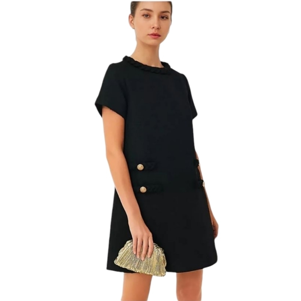 Entro Women's Mini Black Dress With Braided Neck And Gold Button Detail. Size M